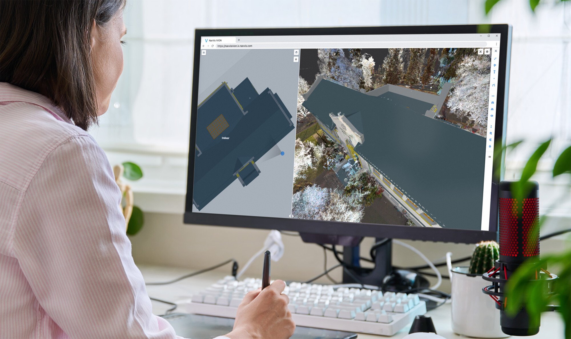 Punktwolke und BIM eines Gebäudes, dargestellt in NavVis IVION